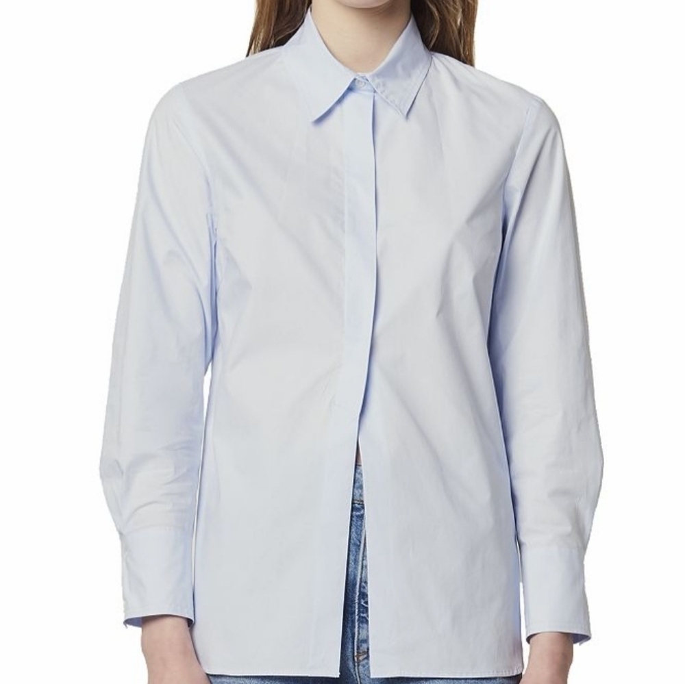 SANDRO Paris Sky Blue Adama Slit-hem Cotton Shirt